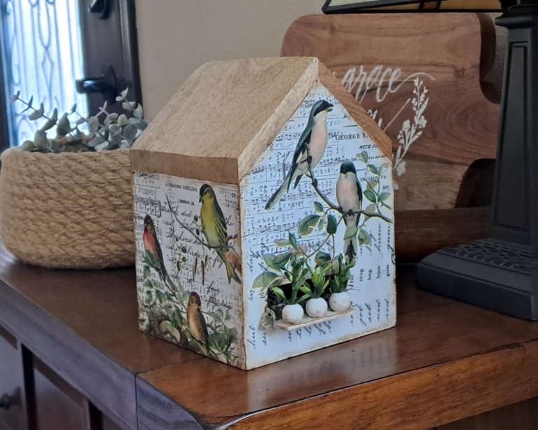 Decoupaged Wooden House – A Thrifty Makeover