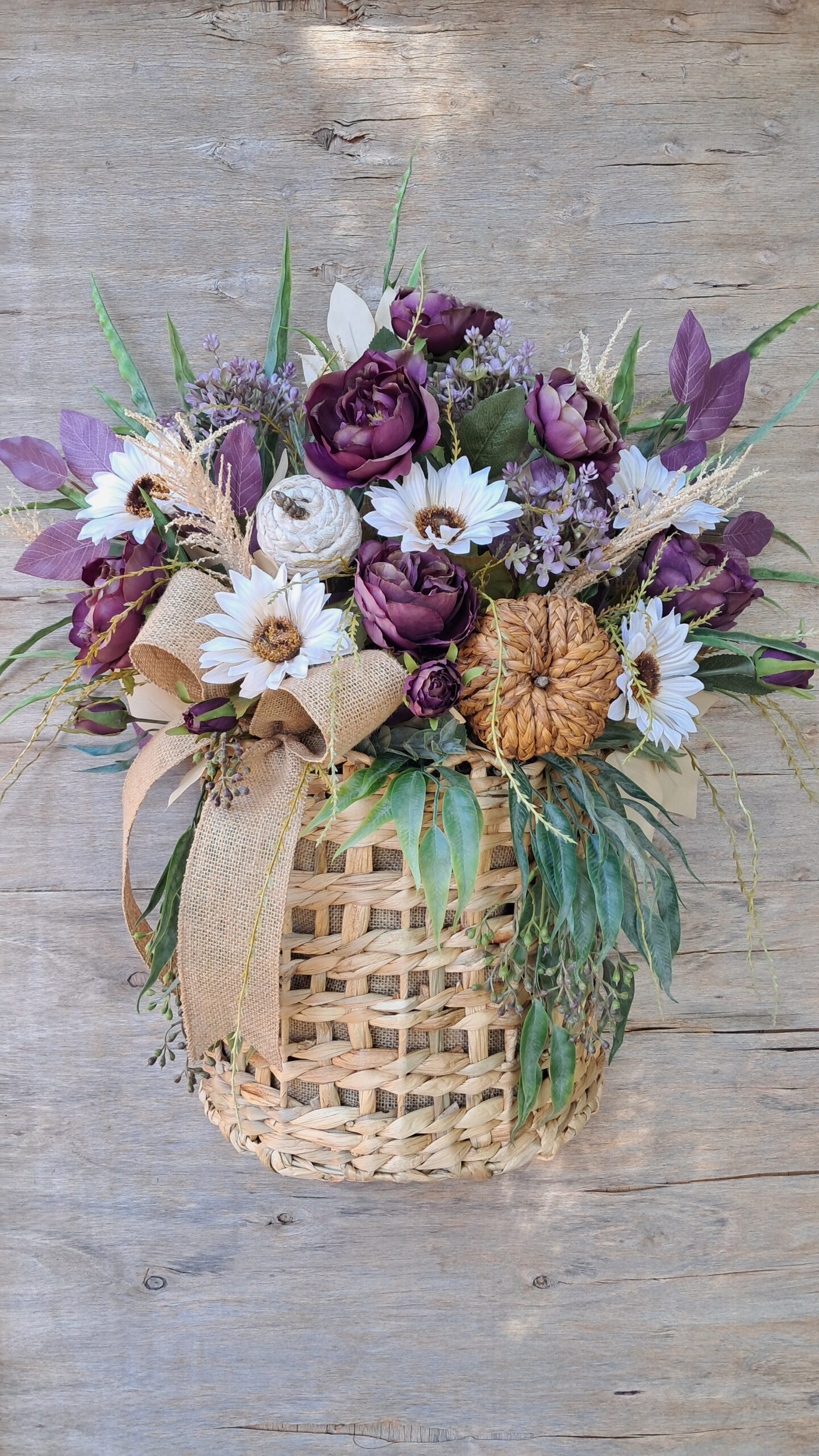 Handcrafted Fall Basket Door Hanger with Purple Peonies, Cream Sunflowers & Rustic Pumpkins - Image 6