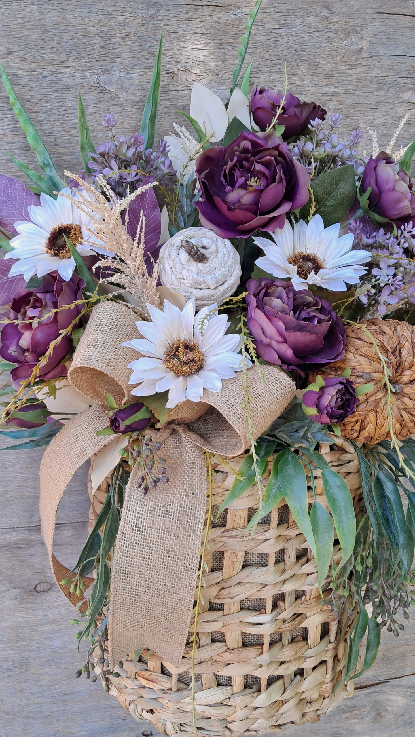 Handcrafted Fall Basket Door Hanger with Purple Peonies, Cream Sunflowers & Rustic Pumpkins - Image 5