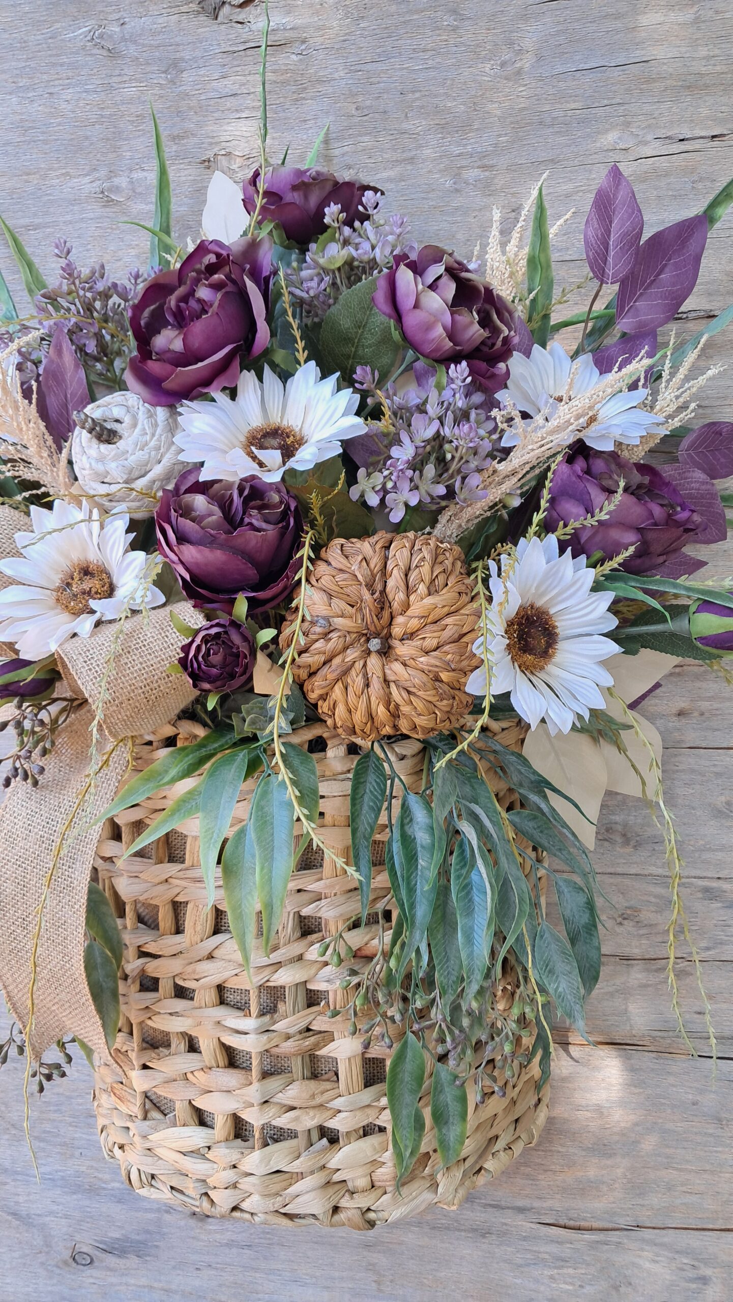 Handcrafted Fall Basket Door Hanger with Purple Peonies, Cream Sunflowers & Rustic Pumpkins - Image 4