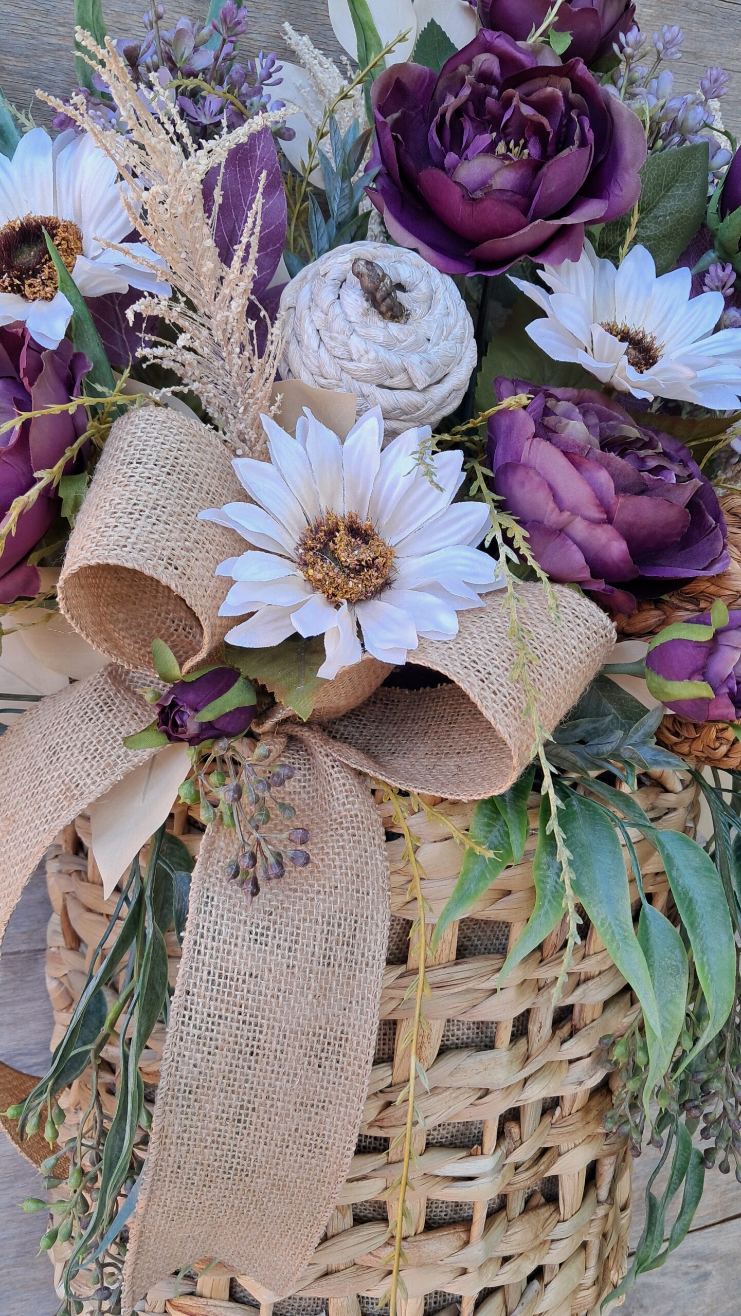 Handcrafted Fall Basket Door Hanger with Purple Peonies, Cream Sunflowers & Rustic Pumpkins - Image 3