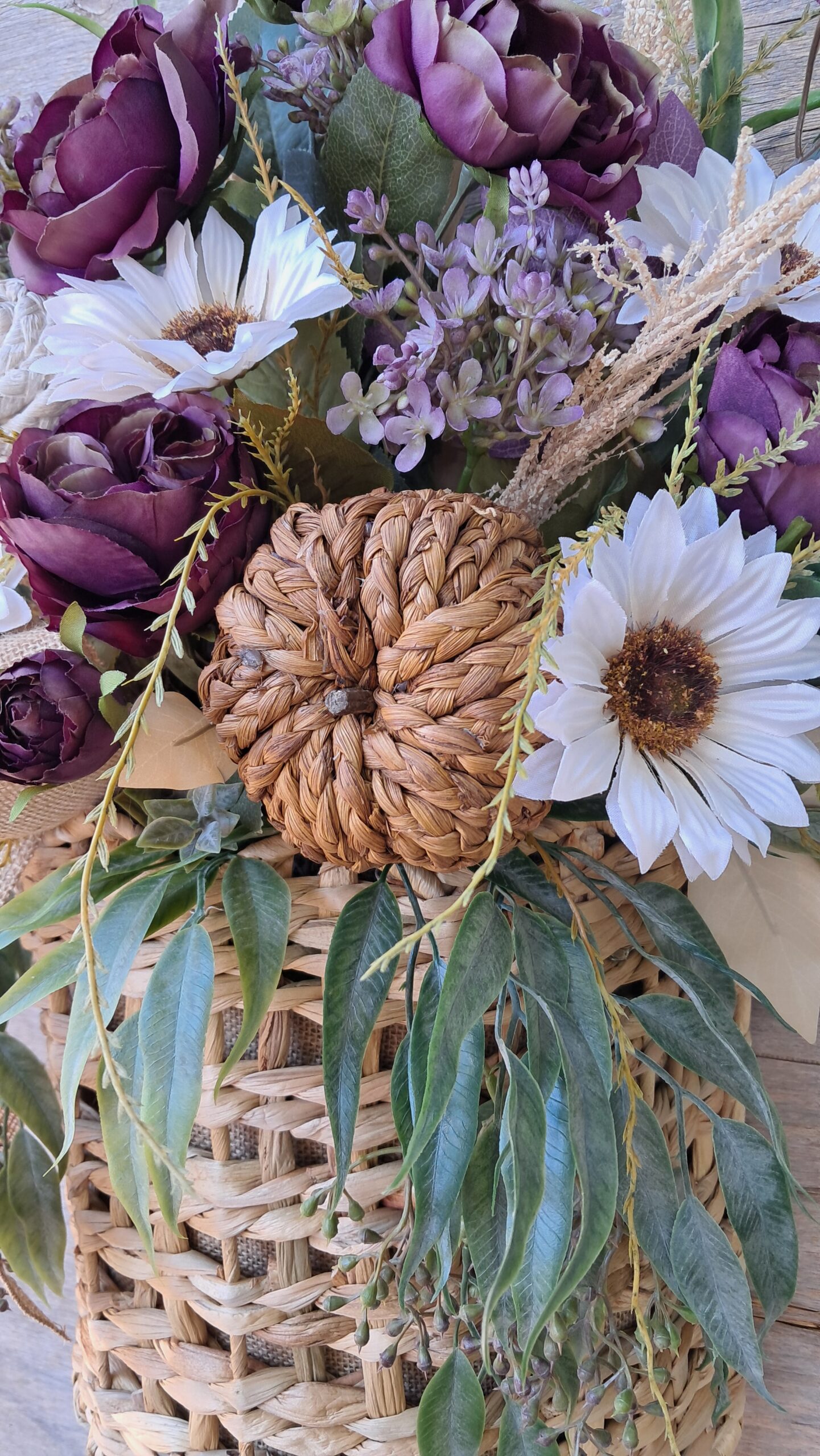 Handcrafted Fall Basket Door Hanger with Purple Peonies, Cream Sunflowers & Rustic Pumpkins - Image 2
