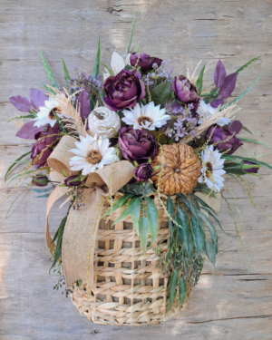 Handcrafted Fall Basket Door Hanger with Purple Peonies, Cream Sunflowers & Rustic Pumpkins