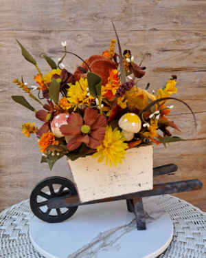 Rustic Fall Wheelbarrow Arrangement with Velvet Pumpkins